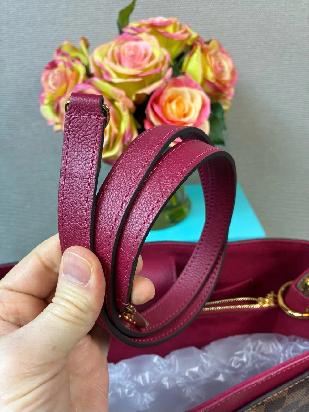 Louis Vuitton LV Damier Ebene Riverside Tote w/ Magenta Leather & LV Charm - NWT